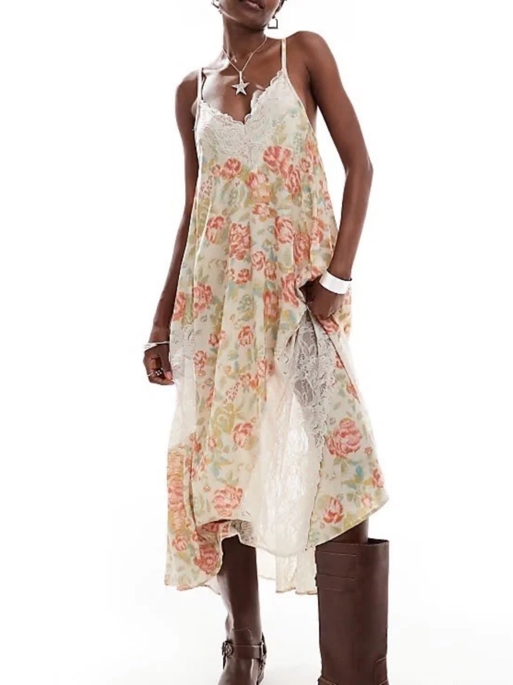 Free People First Date Floral Lace Maxi Slip Dress XS Boho Feminine Romantic